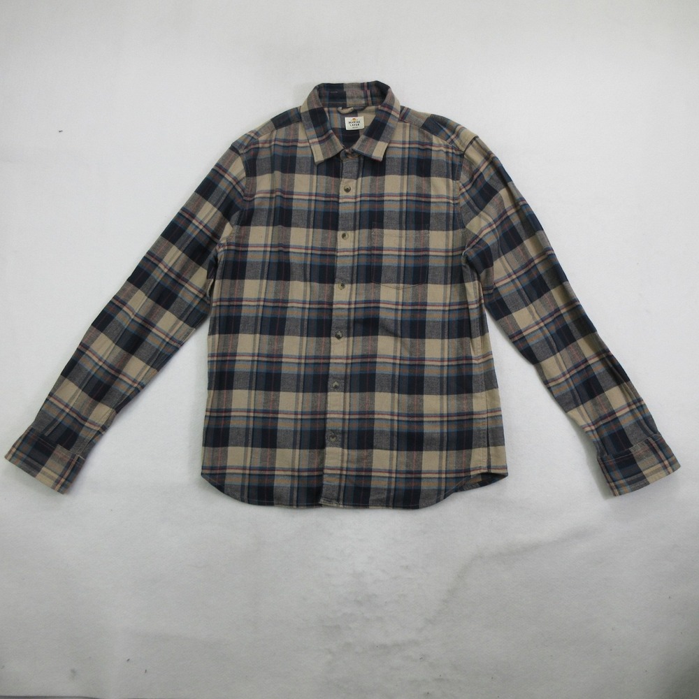 Marine Layer Men's Shirt Medium Plaid Long Sleeve Stretch Blue Beige Casual